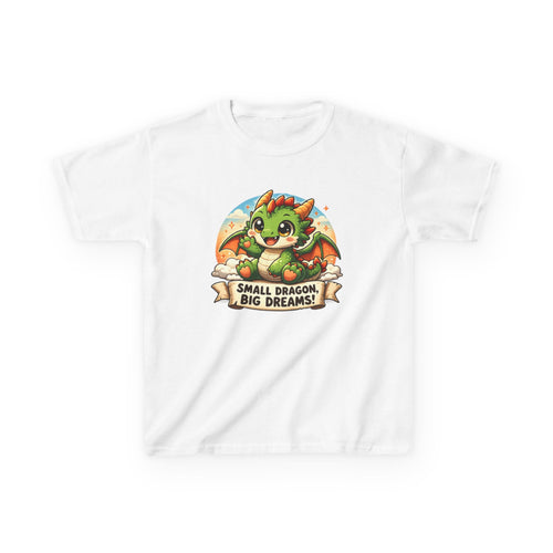 Kids Tee — Cute Green Dragon "Small Dragon, Big Dreams" Graphic