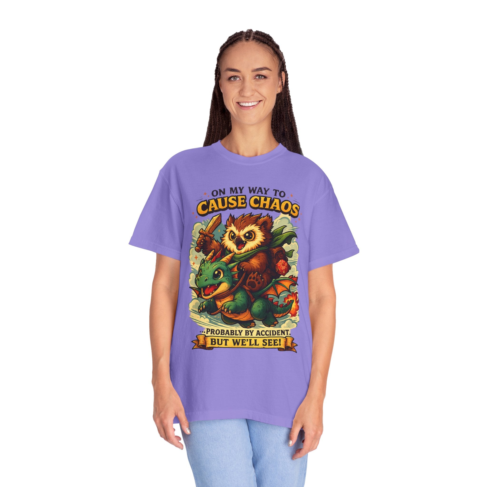 Cause Chaos Owl T-Shirt — 'On My Way to Cause Chaos' Cute Owl & Dragon Tee